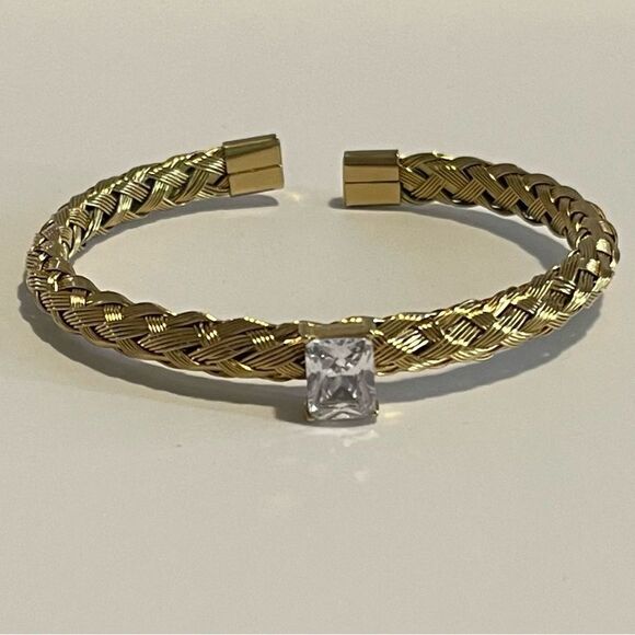 Gold plated Stainless Steel mesh weave open bangle bracelet. - Picture 3 of 5